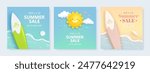 Set of discount square flyer, card or web banner with cartoon 3d sun, sea wave, surfboard. Hello summer sale realistic background with tropical beach elements. Vector illustration