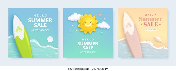 Set of discount square flyer, card or web banner with cartoon 3d sun, sea wave, surfboard. Hello summer sale realistic background with tropical beach elements. Vector illustration