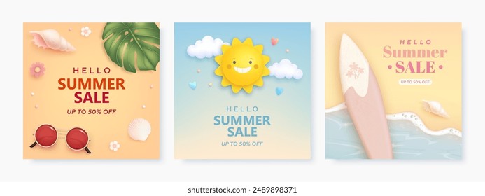 Set of discount square flyer, card or web banner with cartoon 3d sun, sea wave, surfboard. Hello summer sale realistic background with tropical beach elements. Vector illustration