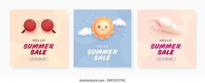 Set of discount square flyer, card or web banner with cartoon 3d sun, sunglasses, seashell. Hello summer sale realistic background with tropical beach elements. Vector illustration