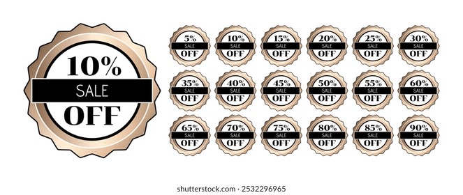 Set of discount stamps with the colors white, gold and black. 5, 10, 15, 20, 25, 30, 35, 40, 45, 50, 55, 60, 65, 70, 75, 80, 85, 90 percent off.