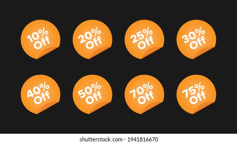 Set of Discount Sticker Label. Gold Circle Shapes Folded Paper Style Special Offer Origami isolated on Black Background. Flat Vector Icon Design Template Elements.