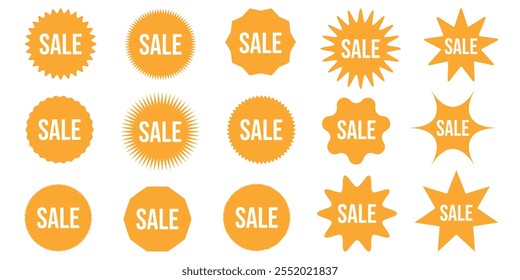 Conjunto de etiqueta engomada del descuento para la promoción. Venta Anuncio con sunburst Label, en blanco, estrellas, tag. Juego de Descuento Starburst. Iconos de compras para negocios, Black Friday, Mega oferta especial, Cyber Monday. Vector