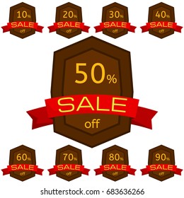 Set of discount stickers. Brown badges with red ribbon for sale 10 - 90 percent off. Vector illustration.
