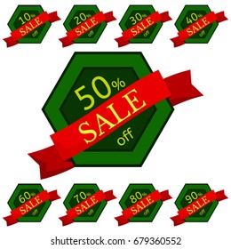 Set of discount stickers. Green hexagonal badges with red ribbon for sale 10 - 90 percent off. Vector illustration.