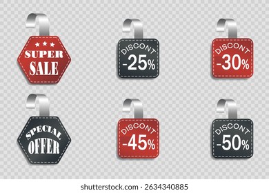 Set of discount stickers, price tags with percentages.