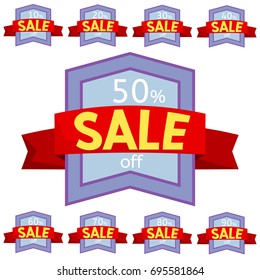Set of discount stickers. Violet badges with red ribbon for sale 10 - 90 percent off. Vector illustration.