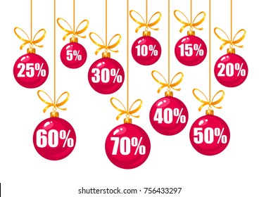 Set of discount tags 10,15,20,25,30,40,50,60,70 percent off in the shape of red Christmas balls hanging on a golden ribbons. Winter holiday discount offer. Vector illustration isolated on white.