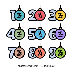 Set of discount tags 10,20,30,40,50,60,70,80,90 percent off in the shape of Christmas balls in traditional colors. Winter holiday discount offer. Vector illustration