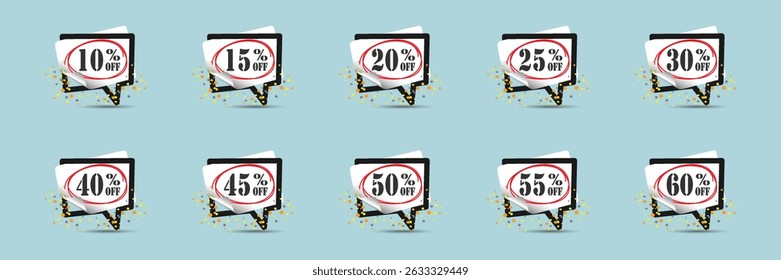 Set of discount tags, price tags and stickers.