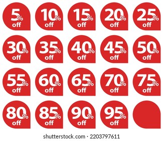 Set of discount tags in red color. Isolated on white background. Vector illustration