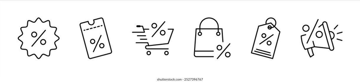 conjunto de ícone de linha fina de desconto. promoção, loja, mercado, vendas, cupom, etiqueta de preço, etiqueta, carrinho, ícone de promoção de desconto símbolo coleções de sinais. vetor ilustração
