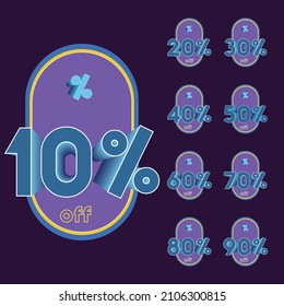 Set of discounts to 10, 20, 30, 40, 50, 60, 70, 80, 90 sale advertisement, Discount with percent in new trending style. Vector illustration