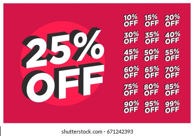 Set of discounts 25% OFF Written in Flat Colours with 3D Style Shadow