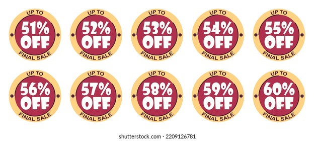 Conjunto de descuentos 51, 52, 53, 54, 55, 56, 57, 58, 59, 60 %. Etiquetas de venta conjunto de placa vectorial, símbolos de etiqueta, icono plano de promoción de descuento. Hasta un porcentaje de la venta final sobre fondo blanco