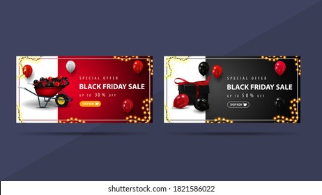 Set of discounts banners to Black Friday with wheelbarrow and presents. Red and black discounts banners