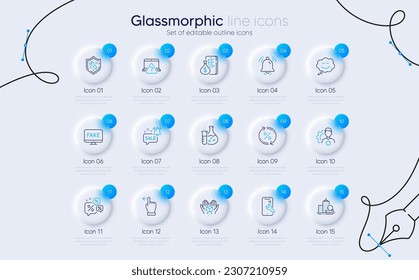Set of Discounts chat, Notification bell and Money line icons for web app. Touchscreen gesture, Chemistry flask, Promotion bell icons. Spanner, Smartphone repair, Inspect signs. Vector