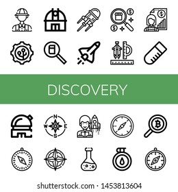 Set of discovery icons such as Archaeologist, Nanotechnology, Observatory, Search, Space shuttle, Compass, Individual, Test tube, Astronomer, Chemical , discovery