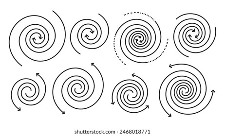 Set of discrete and concentrated arrows rotating in a vortex-like pattern, Variable line width