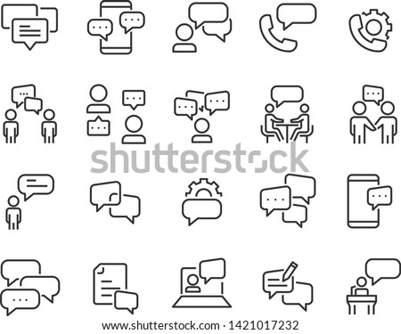 set of discussion line icons, meeting, bubble, chat, conversation, social