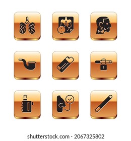 Set Disease lungs, Electronic cigarette, Healthy breathing, Lighter, No pipe smoking, Throat cancer, Cigarette and  icon. Vector