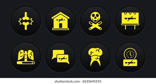 Set Disease lungs, No smoking, Tooth with caries, Bones and skull, at home, time and Joint pain, knee pain icon. Vector