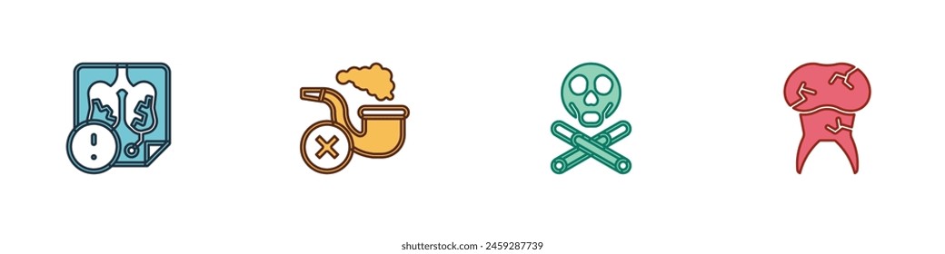 Set Disease lungs, Smoking pipe with smoke, Bones and skull and Tooth caries icon. Vector