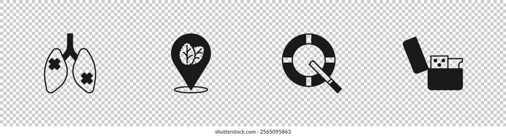 Set Disease lungs, Tobacco leaf, Ashtray with cigarette and Lighter icon. Vector