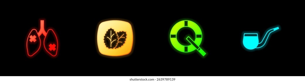 Set Disease lungs, Tobacco leaf, Ashtray with cigarette and No pipe smoking icon. Vector