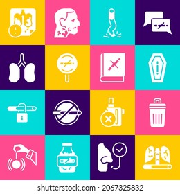 Set Disease lungs, Trash can, Death from smoking, Cigarette butt, No, Lungs,  and Book with stop cigarette icon. Vector