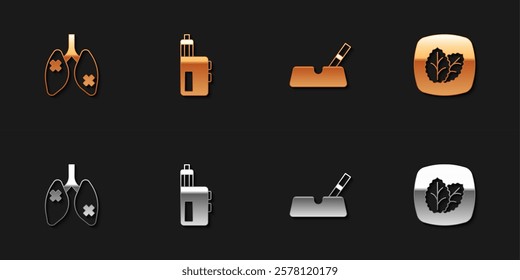 Set Disease lungs, Vape mod device, Ashtray with cigarette and Tobacco leaf icon. Vector