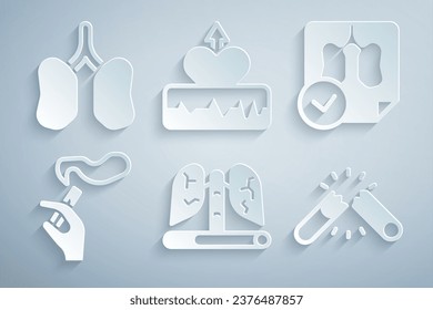 Set Disease lungs, Lungs x-ray diagnostics, Hand with smoking cigarette, Broken, Heartbeat increase and  icon. Vector