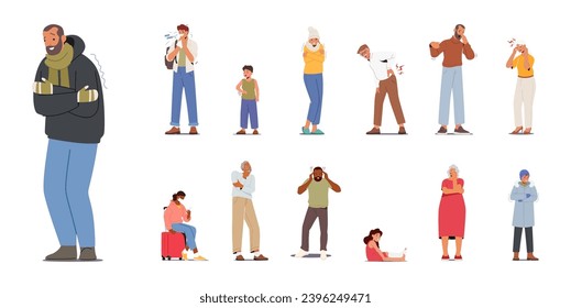 Set of Diseased Characters with Pale Faces, Pain Grimacing, And Feeble Postures Define The Sickly People. Coughs, And Weariness Hangs In The Air. Unwell Folks Isolated Cartoon Vector Illustration