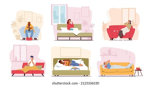 Set of Diseased People Suffering of Cold Virus or Influenza Sickness. Characters with Viral Disease, Ill Men and Women Sneezing with Runny Nose due to Infection Symptoms. Cartoon Vector Illustration