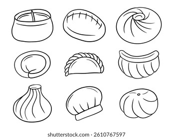 Set of dish with dough and meat in sketch style. Chinese dumplings, gyoza, vareniki, khinkali, dim sum and manti doodle set
