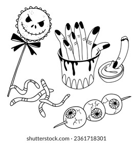 Set of dish for Halloween, weird food. Zombie snacks. Worms, eye balls, fingers, Skeleton cookie pop. Black and white doodle illustration. Vector