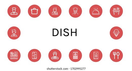 Set of dish icons. Such as Chef, Pot, Waiter, Cook, Cloche, Coffee table, Kitchen, Chicken wings, Pasta, Wine menu, Cutlery, Salad , dish icons