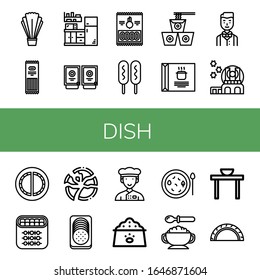Set of dish icons. Such as Salad, Pasta, Kitchen, Sauces, Onion rings, Corn dog, Noodles, Soup, Waiter, Observatory, Cheburek, Shish kebab, Broken plate, Sausage , dish icons