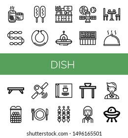 Set of dish icons such as Sticky rice, Sausage, Corn dog, Kitchen, Ufo, Satellite, Buffet, Dinner table, Cloche, Breakfast tray, Cheese balls, Restaurant, Soup, Shish kebab , dish