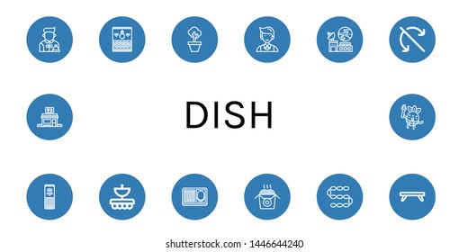 Set of dish icons such as Waiter, Onion rings, Pot, Satellite, Do not roll, Pasta, Antenna, Meal, Noodles, Sausage, Breakfast tray, Restaurant, Eating , dish