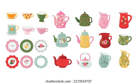 Conjunto de platos, platos antiguos, jarras de leche, tazas, tazas, teteras y hervidores. Colección de herramientas de cocina decorativa, vajilla de colores, utensilios domésticos de cerámica. Ilustración aislada del vector de dibujos animados