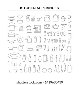 Set dishes and appliances for the kitchen line art vector black white isolated illustration.