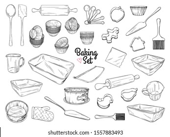 Set Of Dishes For Baking. Baking Stuff. Vector Illustration In Sketch Style.