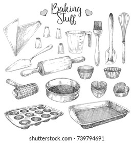 Set Of Dishes For Baking. Baking Stuff Vector Illustration In Sketch Style.