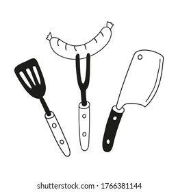 A set of dishes for barbecue. Fork, shoulder blade, meat chopping knife.