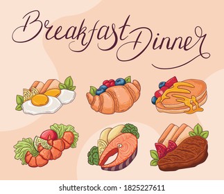 Set of dishes for Breakfast and dinner. Hearty and delicious dishes.