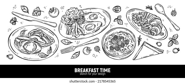 Set of dishes for breakfast. Eggs with bacon, toast with avocado, porridge with berries and a croissant for dessert. A hand-drawn sketch.