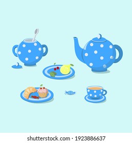 set of dishes with a cake and with a cup of tea. Vector illustration, still life for the design of the cafe menu, kitchen textiles, poster, stickers. Background Isolated.