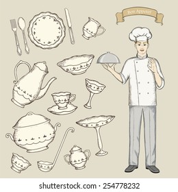 A set of dishes with the chef. The sketch vector illustration.
