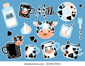 A set of dishes for children and adults with milk and cow print accessories. Black specks, Dalmatian. Spotted cow texture. Vector on a separate white background.